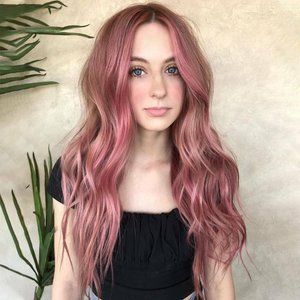23" Fashion Pink Long Curly Wavy Hair Wig Ladies